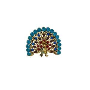 Vintage Gold Tone Crystal Peacock Brooch 1.5"